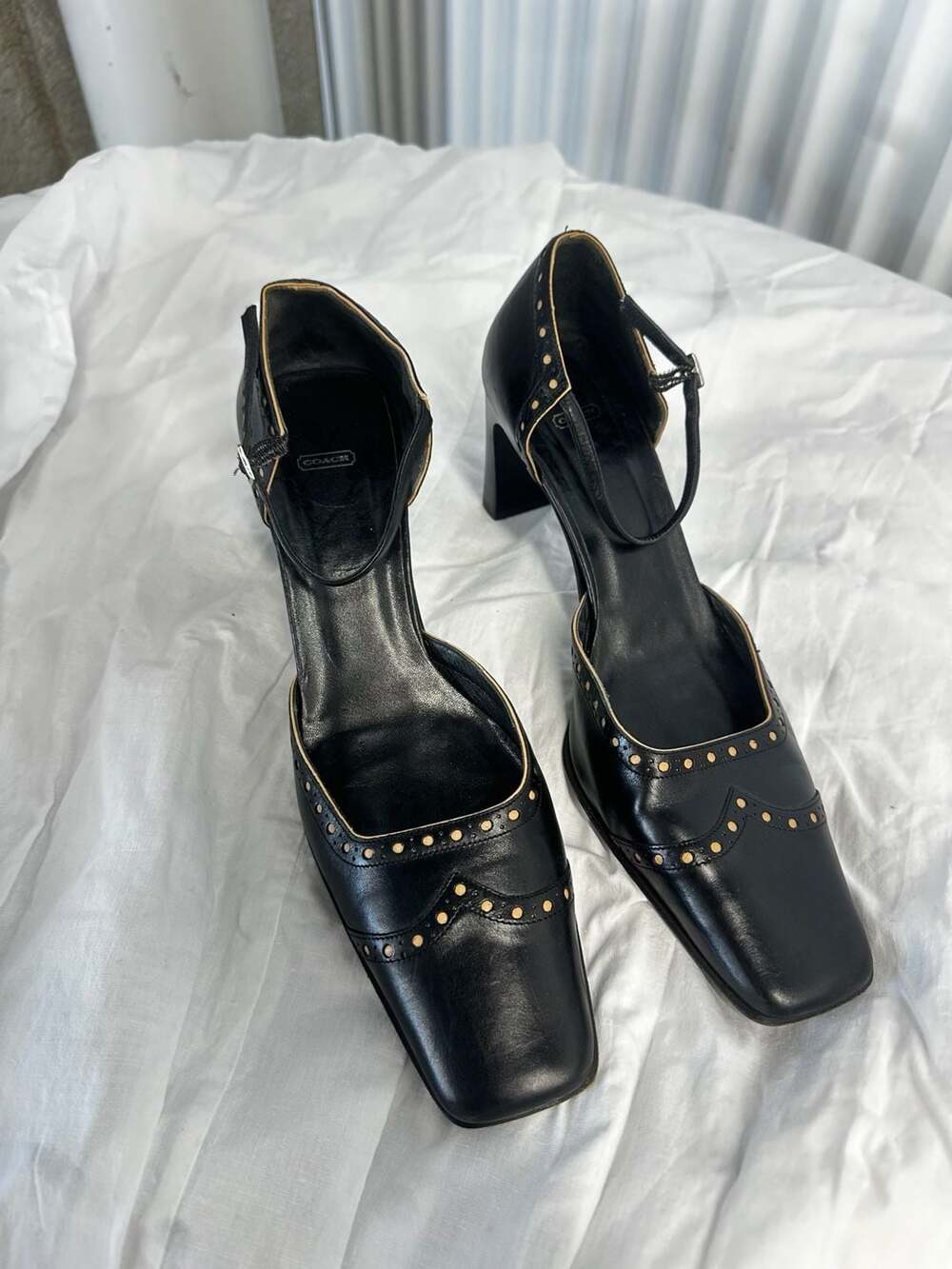 Coach Black Leather Square Toe Ankle Strap Heels Size 10B